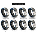 font options for inside engraving on black & blue & grey tree silhouette rings
