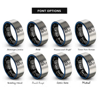 font options for inside engraving on black & blue & gray treeline moon rings