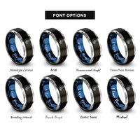 font options for inside engraving on black & blue & gray treeline moon rings