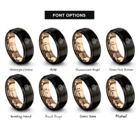 font options for inside engraving on black & rose gold tres leches slice rings
