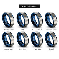 font options for inside engraving on blue & grey triangle pose trikonasana rings