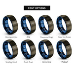 font options for inside engraving on gunmetal & blue triangle pose trikonasana rings