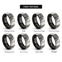 font options for inside engraving on black & gray triangular lattice dotwork rings