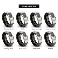 font options for inside engraving on black & gray triangulated map mesh rings