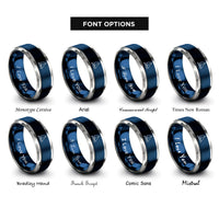 font options for inside engraving on blue & silver trimaran sailboat rings