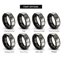font options for inside engraving on black & silver trinity heart rings