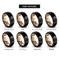 font options for inside engraving on black & rose gold trinity heart knot rings