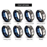 font options for inside engraving on black & blue & grey triquetra rings