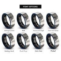 font options for inside engraving on black & blue & grey triquetra rings