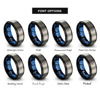 font options for inside engraving on black & blue & grey triquetra circle rings