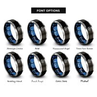 font options for inside engraving on black & blue & silver triquetra circle rings
