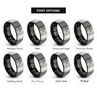 font options for inside engraving on black & grey triquetra cross circle rings