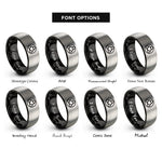 font options for inside engraving on black & silver triquetra heart circle rings