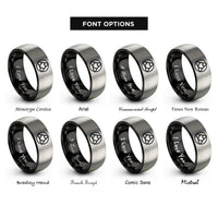 font options for inside engraving on black & silver triquetra heart circle rings