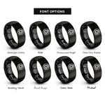 font options for inside engraving on black triquetra heart circle rings