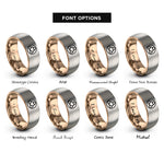 font options for inside engraving on rose gold & gray triquetra heart circle rings