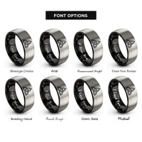 font options for inside engraving on black & grey triquetra trinity knot rings