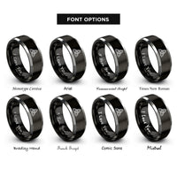 font options for inside engraving on black & gray triquetra trinity knot rings