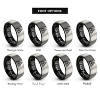 font options for inside engraving on black & gray triquetra trinity knot rings