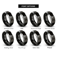 font options for inside engraving on black & grey triquetra wolf rings