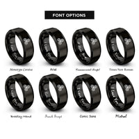 font options for inside engraving on black triskelion triple spiral rings