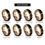 font options for inside engraving on black & rose gold tulip single stem rings