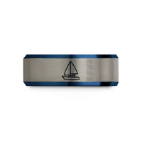 engraved tungsten ring him – black & blue & grey tungsten sailing yacht wedding band
