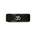 grey metal ring – black tungsten om symbol wedding band