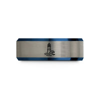 engraved tungsten ring – black & blue & silver tungsten key west lighthouse wedding band