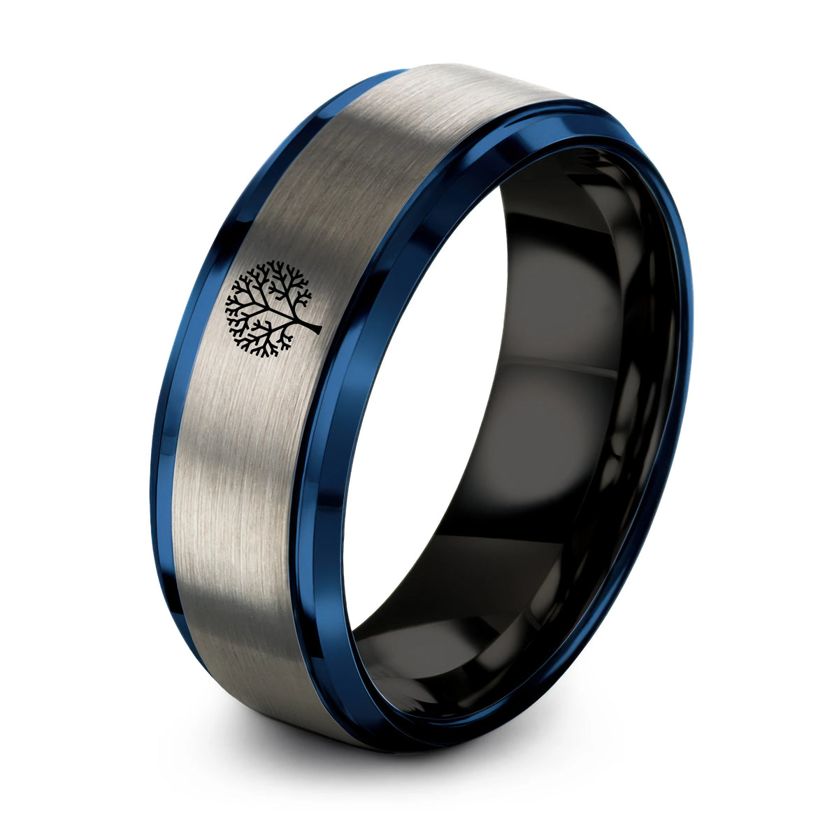 Tungsten BLACK BLUE GREY Rings for Men – black & blue & grey tungsten tree silhouette ring
