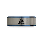 engraved tungsten ring her – black & blue & silver tungsten triquetra wedding band
