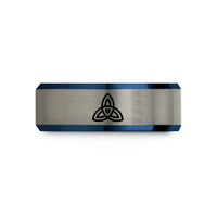 engraved tungsten ring her – black & blue & silver tungsten triquetra wedding band