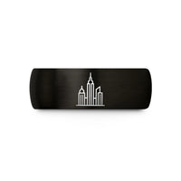 engraved tungsten carbide ring – black tungsten skyscraper skyline wedding band