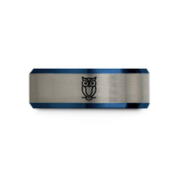unique men's wedding band – black & blue & gray tungsten owl wedding band