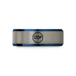 engraved tungsten wedding band – blue & silver tungsten stop icon wedding band