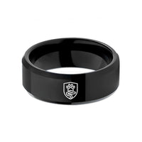 engraved tungsten promise ring – black tungsten shield paw serpent wedding band