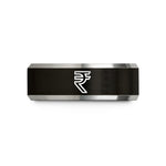 black men's wedding band – black & gray tungsten rupee symbol wedding band