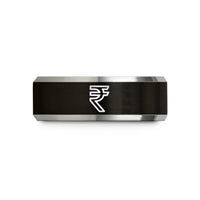 black men's wedding band – black & gray tungsten rupee symbol wedding band