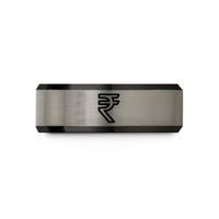 black men's wedding band – black & grey tungsten rupee symbol wedding band