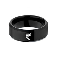 him comfort fit ring – black tungsten rupee symbol wedding band