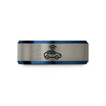 laser engraved rings – blue & gray tungsten self driving car wedding band