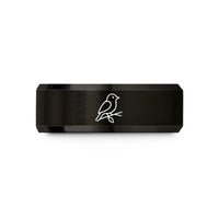 tungsten wedding band men – black & gold tungsten bird on branch wedding band