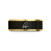 women tungsten rings sale – black & gold tungsten bird on branch wedding band