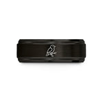 tungsten wedding band men – black & rose gold tungsten bird on branch wedding band