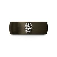 engraved tungsten ring him – gunmetal & gold tungsten skull web wedding band