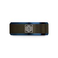 men's tungsten wedding band – gunmetal & blue tungsten blueprint grid wedding band