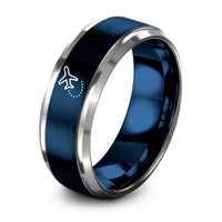 Tungsten Carbide Ring Women – blue & silver tungsten airplane dotted path ring