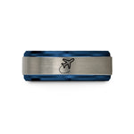 tungsten band for men – blue & grey tungsten airplane dotted path wedding band