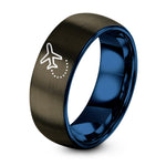 Tungsten Carbide Ring Women – gunmetal & blue tungsten airplane dotted path ring