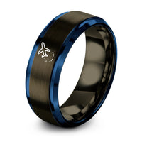 gunmetal & blue tungsten airplane dotted path ring
